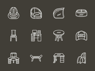 Room furniture white simple line icons