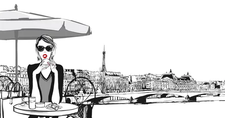 Abwaschbare Fototapete Art Studio Junge Frau beim Frühstück in Paris