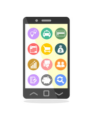 Smart phone UI applications graphic user interface flat icons set. Mobile phone with business transactions or activities icons
