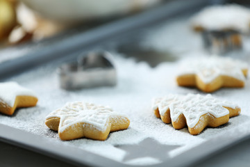Beautiful Christmas cookies on oven-tray, close up
