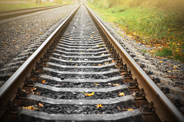 Fototapeta premium Railway track over green trees background