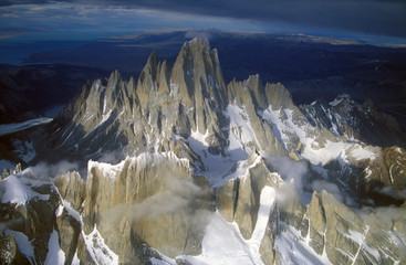 Aerial view at 3400 meters of Mount Fitzroy, Cerro Torre Range and Andes Mountains, Patagonia,...