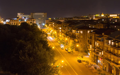 Fototapeta na wymiar Night view of the streets of Yerevan and the Russian Embassy