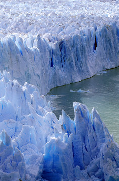 Icy formations of Perito Moreno Glacier at Canal de Tempanos in Parque Nacional Las Glaciares near El Calafate, Patagonia, Argentina
