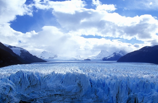 Icy formations of Perito Moreno Glacier at Canal de Tempanos in Parque Nacional Las Glaciares near El Calafate, Patagonia, Argentina