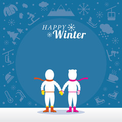 Fototapeta na wymiar Couple in Snowsuit with Winter Icons Background, Snow, Travel and Vacation