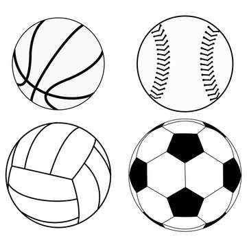 Balls set: Basketball ball, Baseball ball, Volleyball, Soccer ball. 
