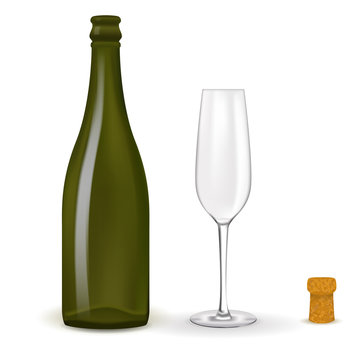 Empty bottle of wine, champagne with wine cork and glass. 