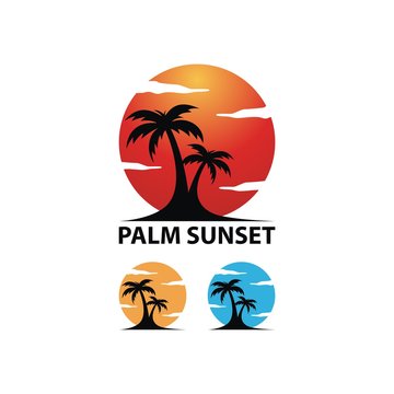 Palm Sunset Logo Design Vector.  palm logo illustration. Vector silhouette of a palm