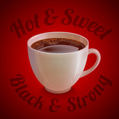 Isolated realistic white coffe cup with lettering on dark red background