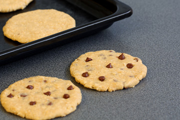baking pastry: chocolate chip cookies on grey background with copy space