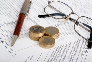 Naklejka na ściany i meble Tax form business financial concept - individual return tax form with money , glasses and pen