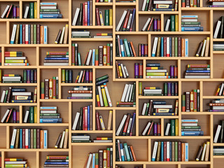 Fototapeta Education concept. Books and textbooks on the bookshelf. obraz