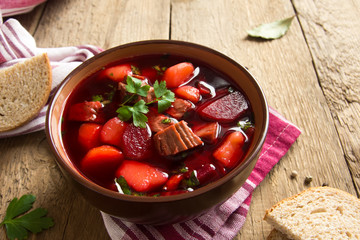 Vegetables and meat soup (borsch)