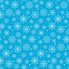 Seamless Winter Snow Flakes Background Pattern in Blue Color. Continuous Vector Illustration
