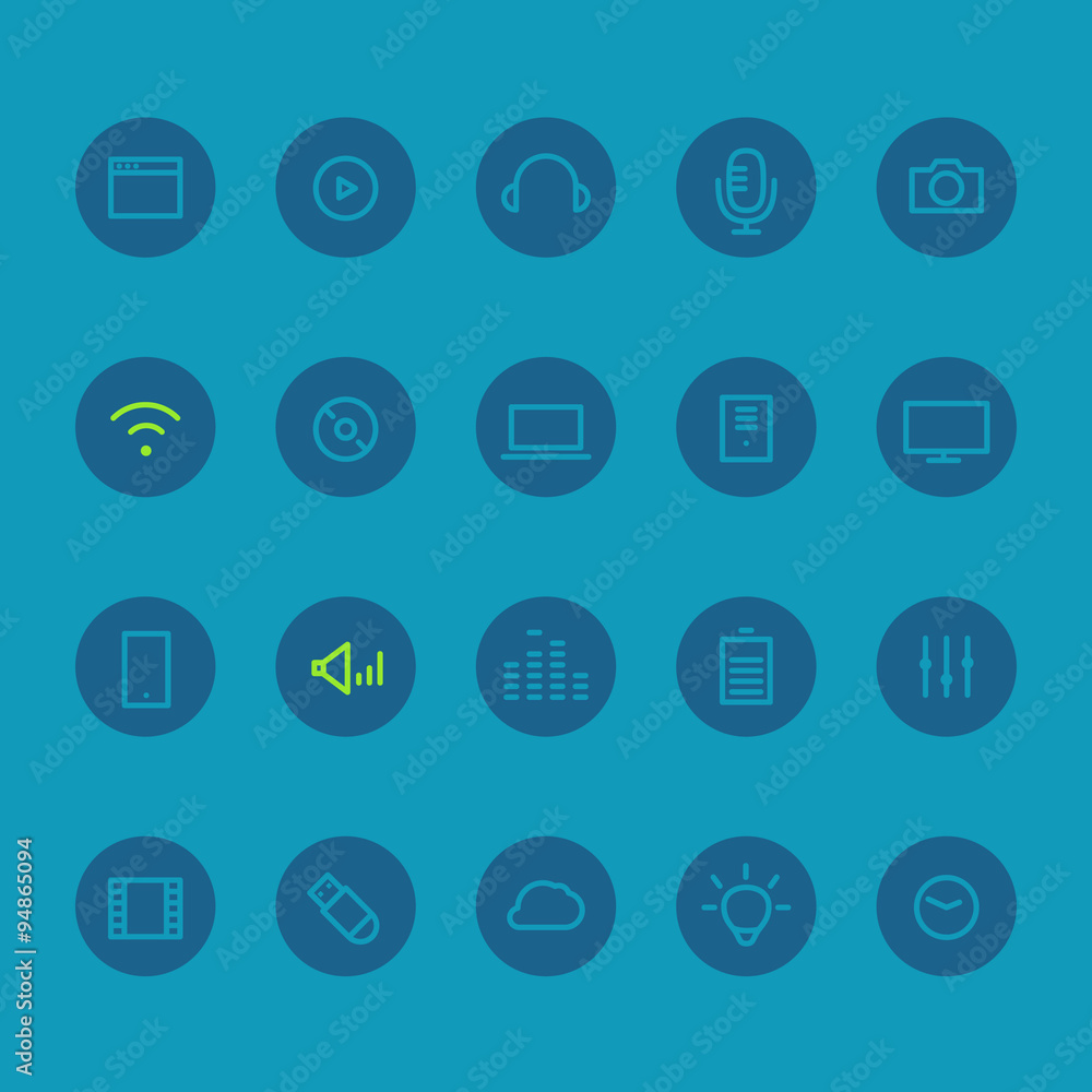 Poster different line style icons on circles set. application pictogram