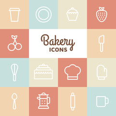 Bakery icon set. Kitchen tools background. Cake, cherry, cup, spoon, strawberry, plate, apple, cupcake on white background. Vector elements for your design.