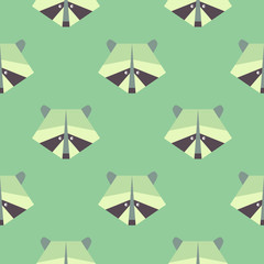 Seamless raccoon pattern in flat graphics. Raccoon vector Illustration on green forest background