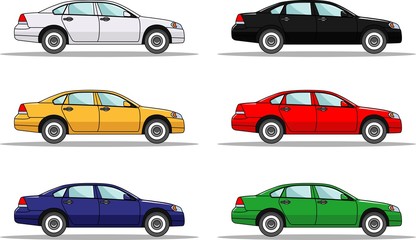 Set of six colored cars isolated on white background in flat style