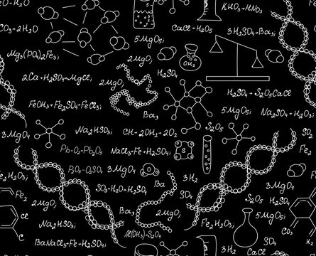 Scientific vector seamless pattern with chemical and biochemical formulas, plots and laboratory equipment. Endless texture. You can use any color of background