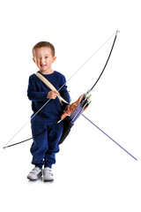 Happy 3 years old boy, holding a handmade bow with an arrow and