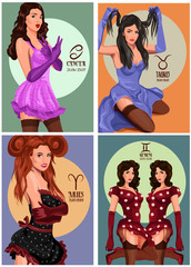 Zodiac set of astrological sign. Vector illustration with portrait a pin up girls