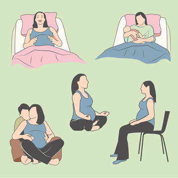 Pregnant Woman in the Expecting Stages of Birth Practicing Birthing or Childbirth with Breathing, Exercise and Yoga Methods. Meditating, Zen, and Lamaze Methods Help You Have Nice Baby.
