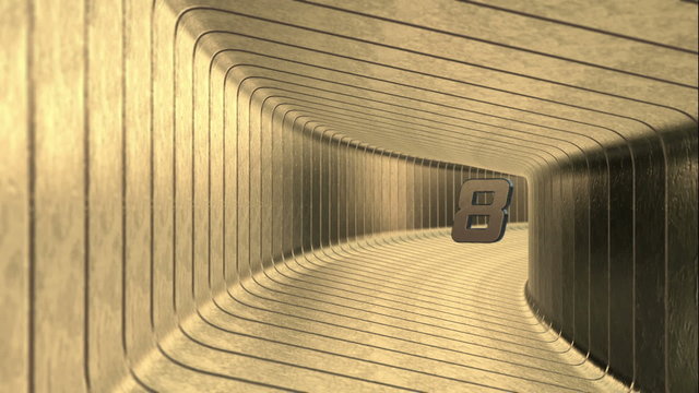 Digital Futuristic Countdown 3D Gold Numbers in Tunnel