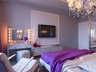 3d rendering bedroom in gray and white tones with purple accents