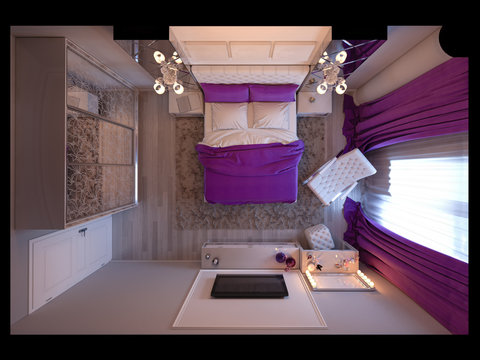3d rendering bedroom in gray and white tones with purple accents and big cupboard
