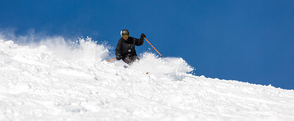 Naklejka na ściany i meble Skier skiing off piste in powder snow