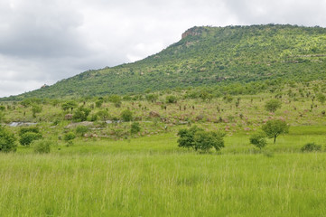 Fototapeta na wymiar Isandlwana hill or Sphinx , the scene of the Anglo Zulu battle site of January 22, 1879. The great Battlefield of Isandlwana and the Oskarber, Zululand ,northern Kwazulu Natal, South Africa