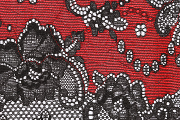 The macro shot of the red and black lace texture materia