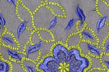 The macro shot of the blue and yellow lace texture material