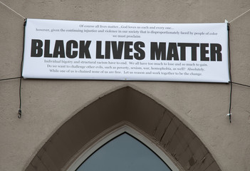 Black Lives Matter banner at First Baptist Church in Jamaica Plain, Massachusetts.