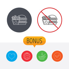 Burger and fries icon. Chips, sandwich sign.