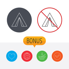 Tourist tent icon. Camping travel sign.