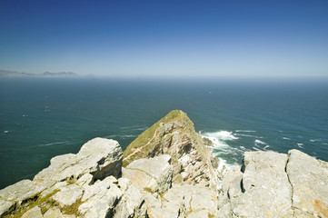 View of Cape Point, Cape of Good Hope, outside Cape Town, South Africa at the confluence of Indian...