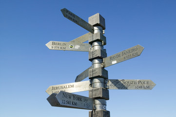 Signs point with mileage totals to Berlin, Jerusalem, New York, South Pole, Paris, Rio De Janeiro at Cape Point, Cape of Good Hope, outside Cape Town, South Africa
