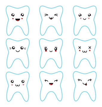 Kawaii teeth set isolated characters