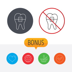 Dental braces icon. Tooth healthcare sign.