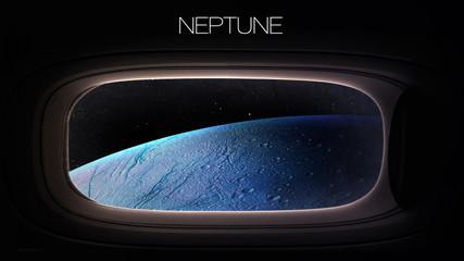 Neptune - Beauty of solar system planet in spaceship window porthole. Elements of this image furnished by NASA