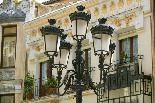 Rod iron street lamps of Avila Spain, an old Castilian Spanish village