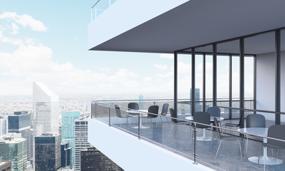 A terrace with tables and chairs in a modern panoramic building. 3D rendering. New York panoramic view on the background.