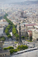 Fototapeta na wymiar Aerial view of La Rambla near the waterfront with Columbus statue in Barcelona, Spain