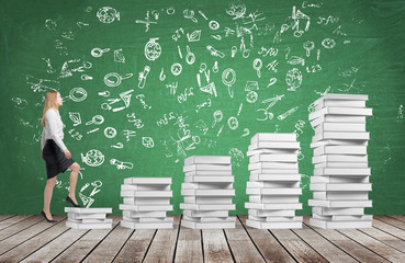 A woman is going up using a stairs which are made of white books. Educational icons are drawn on...