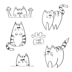 Set of doodle funny cats, sketchy vector illustration. 