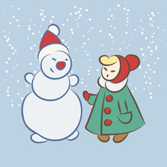 Vector hand drawing snowman and girl