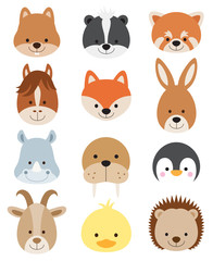 Vector illustration of animal faces including squirrel, hamster, skunk, red panda, horse, fox, kangaroo, rhino, walrus, penguin, goat, duck, and hedgehog.
