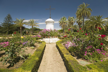 Gardens of 15th-century Franciscan Monasterio de Santa Mar’a de la R‡bida, Palos de la Frontera, a Heritage of Mankind Site in the Huelva Provence of Andalucia and Southern Spain, the seaside spot where Christopher Columbus planned and departed from the Old World to the New World in August 3 of 1492